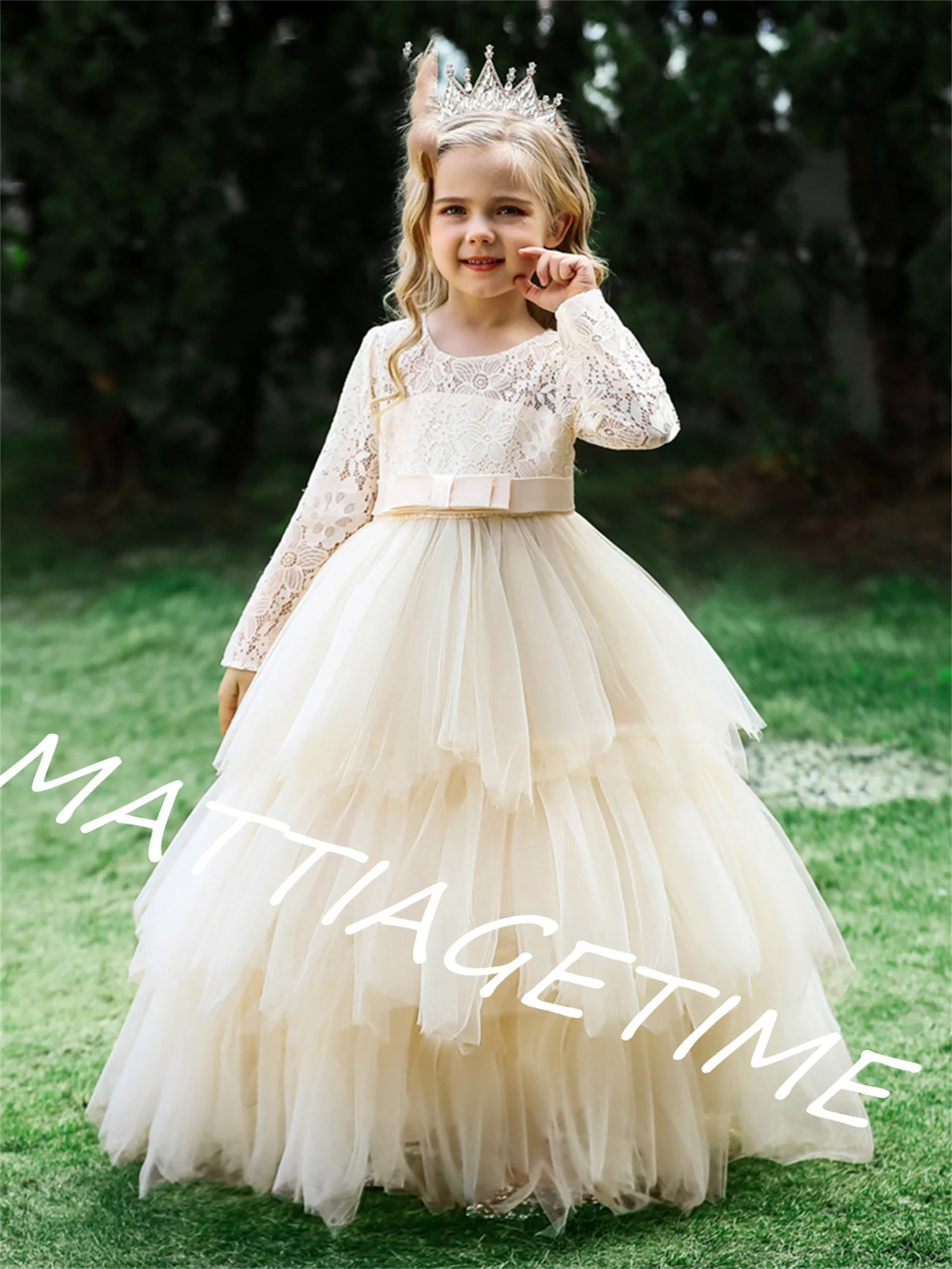 

Dreamgirl Tulle Layers Satin Belt Flower Girl Dresses Long Sleeves Lace Applique Girl A Line Party Dresses