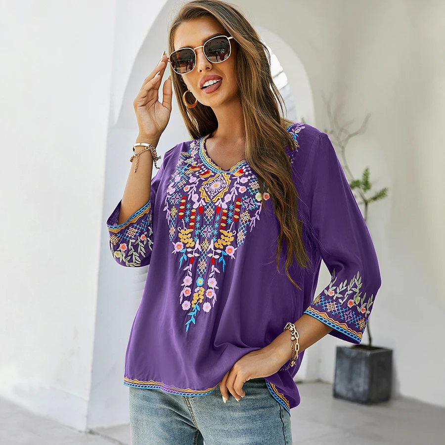 KHALEE YOSE Floral Embroidery Blouse Shirts Boho Vintage Chic Mexican  Autumn Blouse 2xl 3xl Ethnic Hippie Women Shirt Blouse