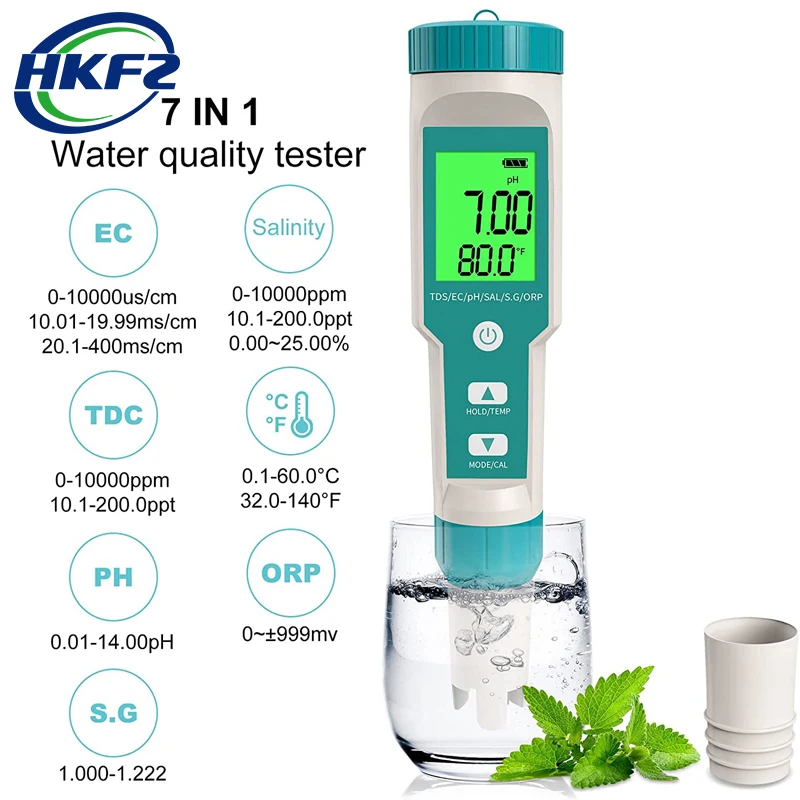 

7in1 Salinity/PH/TDS/EC/ORP/SG/TEMP Meter with ATC IP67 Water Tester LCD Backlight Water Tester for Drinking Swim Pool Aquarium