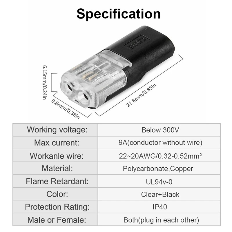Description Picture 2 of item2pin Pluggable Wire Connector Quick Splice Electrical Cable Crimp Terminals for Wires Wiring 22-20AWG LED Car Connectors