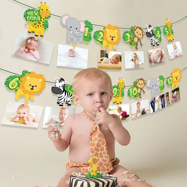 Décor d'animaux de la Jungle, banderole Photo de 1er anniversaire 1-12  mois, décorations de fête Safari, fournitures de fête d'anniversaire  d'animaux d'un an / Articles de fête