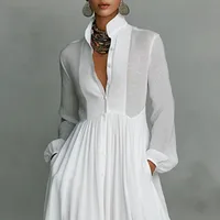 French Elegant High Waist Swing Long Dress Woman Spring Solid Pockets Pleated Maxi Dress Autumn Long Sleeve Button Evening Dress - Image 5