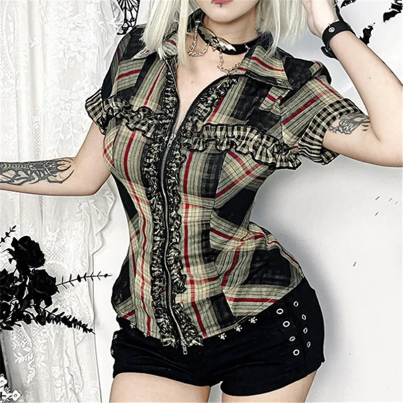Goth Dark 90s Grunge Plaid Short Sleeve Shirts Cyber Fashion Zip