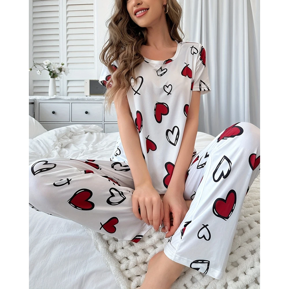 Casual Heart Print Two Piece Pajamas Set for Women Round Neck Short Sleeve Top & Long Pants Sets Sleepwear Summer Homewear