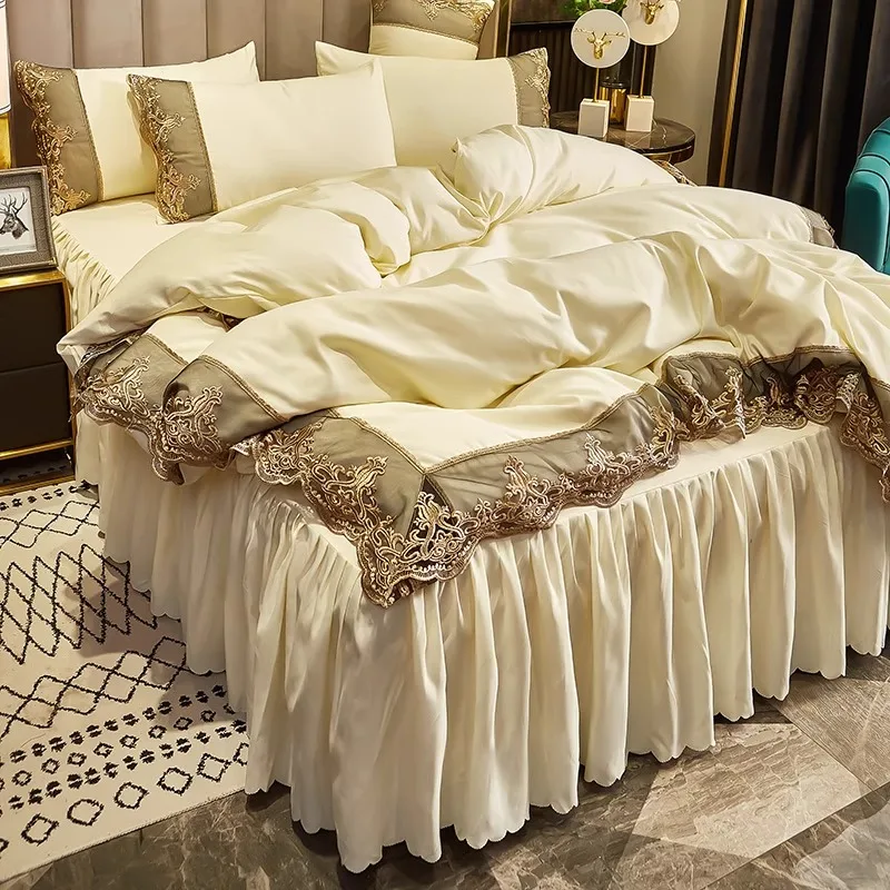 

European-style cotton bed skirt four-piece cotton light luxury with lace lace bed cover sheeting single grey bed cover bed set s