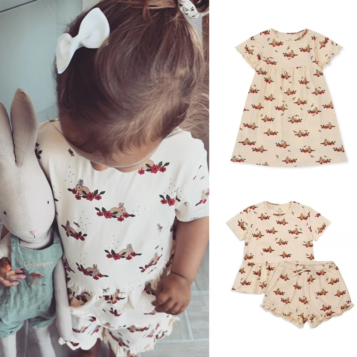 

Jenny&Dave Spot 23 New Children's Rabbit Fun Set with Ruffled Edge Short Sleeve Top Shorts Pure Cotton Flying Sleeve Dress Girl