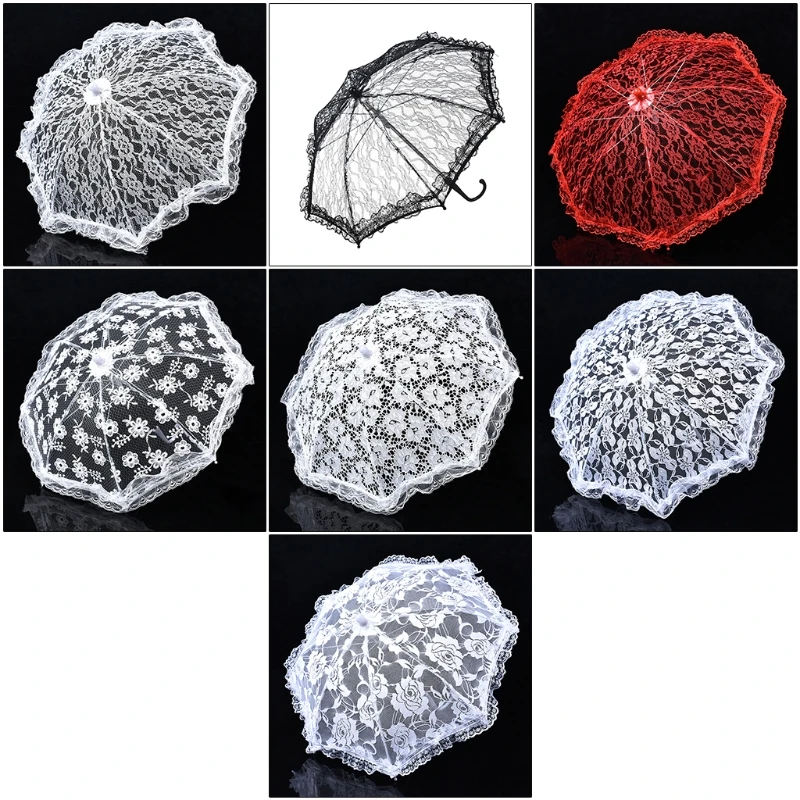 Bridal Lace Parasol Set Lace Floral Umbrella Wedding Decoration Bride Handmade Photography Prop Umbrella Parasol 3 Color with Different Patterns