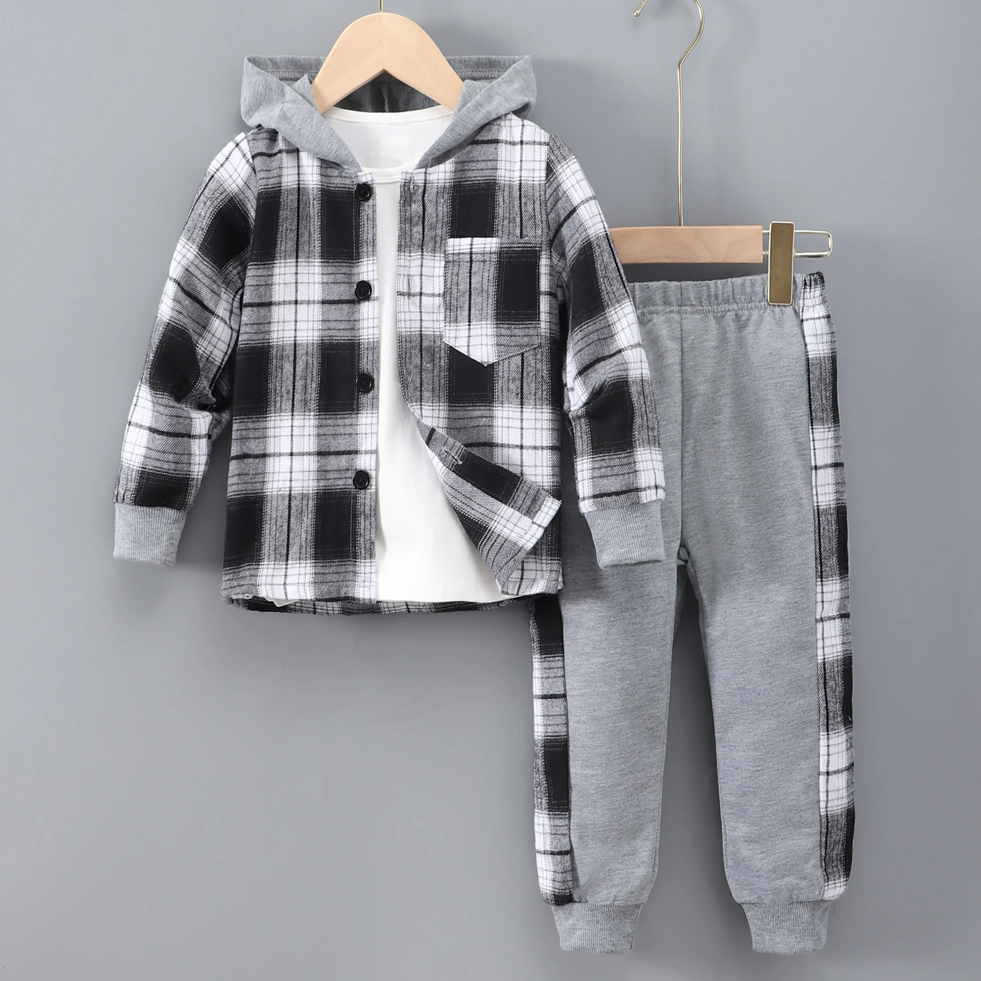

2024 Boys' Long Sleeve Autumn Casual Checker Contrast Hoodie Set Shirt Suit Old Summer Fashion Causal Plaid Children Suit
