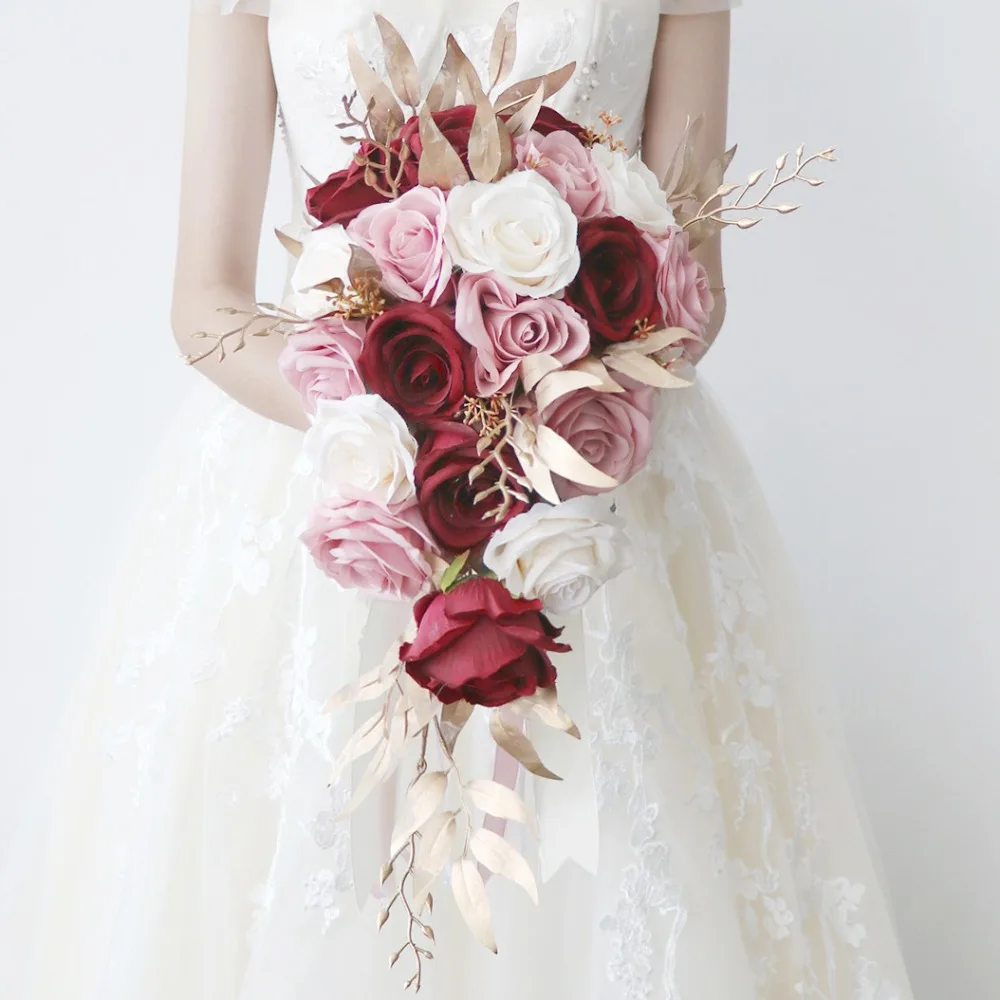 European Style Artificial Pink and Rose Wedding Bouquets for Brides Handmade Bridal Bouquet Wedding Decor ramos de quinceañera