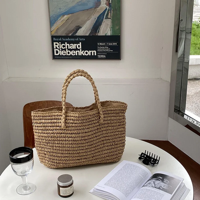 Straw Hollow Out Knitting Tote Bag Large Capacity Handmade Shoulder Handbag Women 2024 Designer Casual Beach Bag Ethnic Style