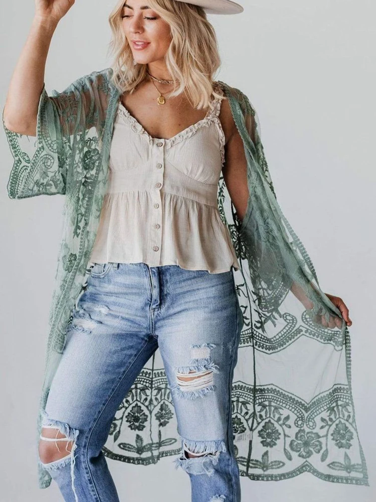 

Элегантное кружевное пляжное кимоно с расклешенными рукавами, купальник в стиле бохо, облегающая Сексуальная накидка, богемный праздничный длинный кардиган, новинка для женщин