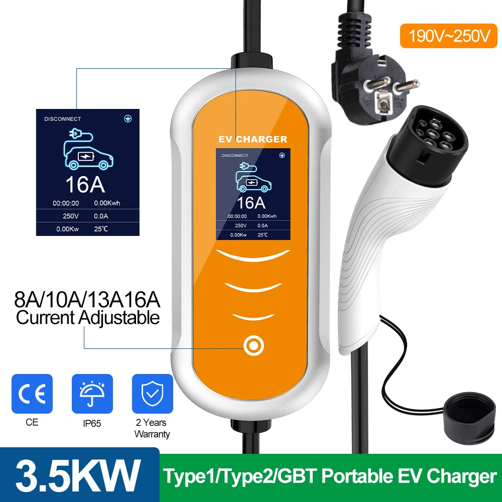 JDMEXEV 3.5KW EV Portable Charger Type2 SAE J1772 Electric Car Charger GBT 16A 1Phase EVSE Fast Charging Wallbox EV Charging