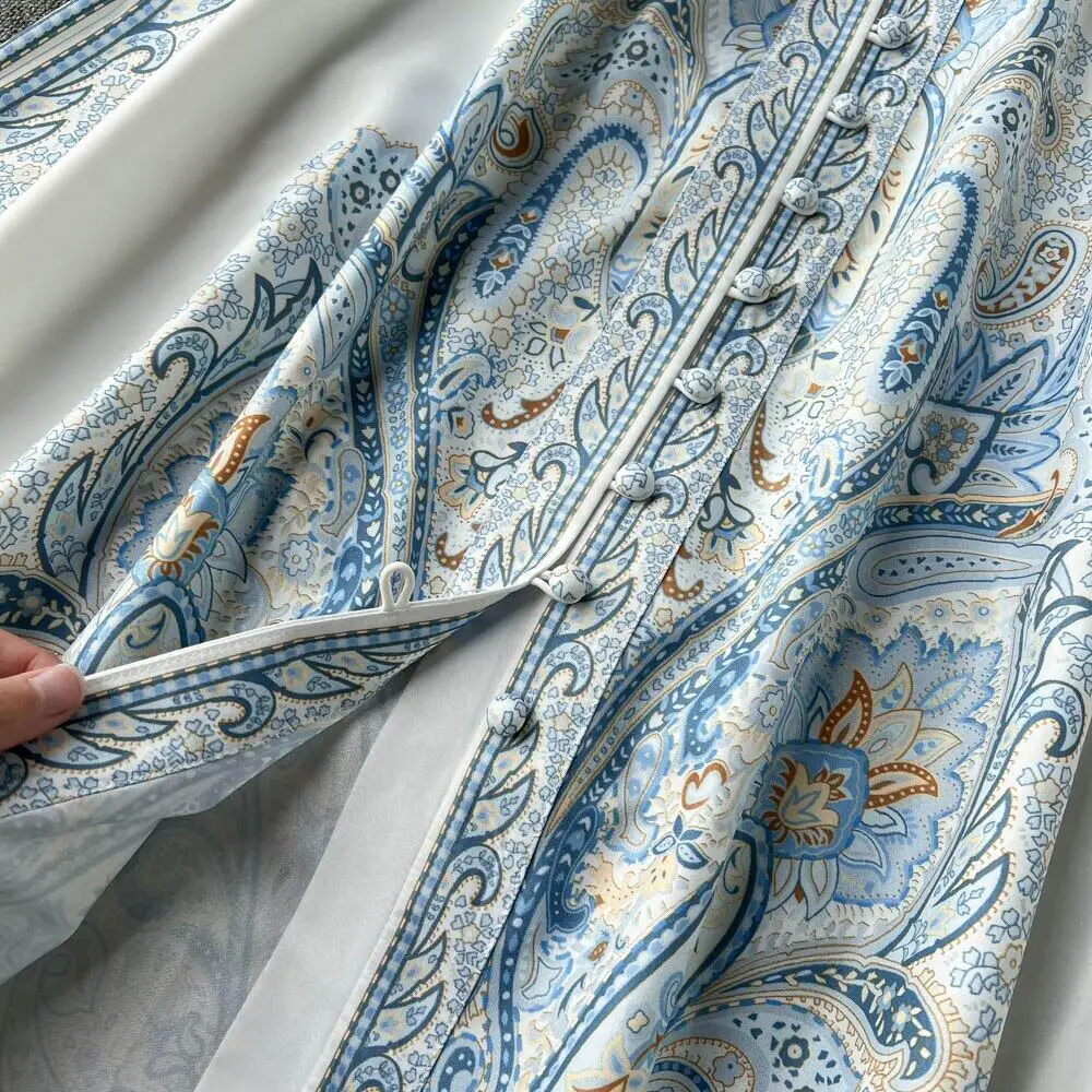 Nuevo vestido de fiesta vintage para mujer, moda de manga larga, botonadura sencilla, cuello alto, elegante, estampado, vestidos largos, primavera y otoño.