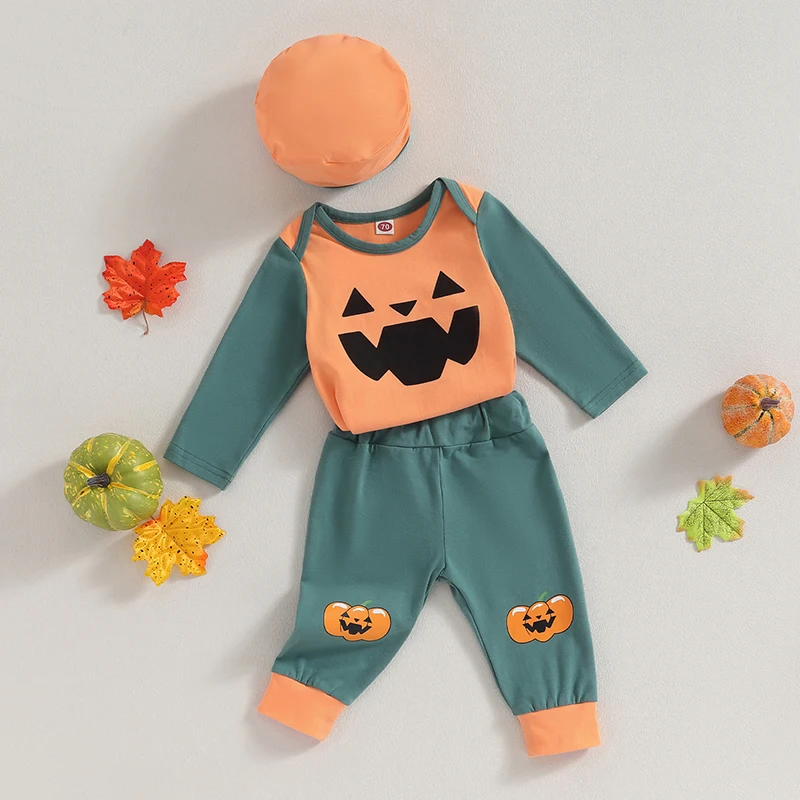 

Baby Boys Pants Set Casual Long Sleeve Crew Neck Grimace Print Romper with Pumpkin Print Sweatpants and Hat Halloween Clothes