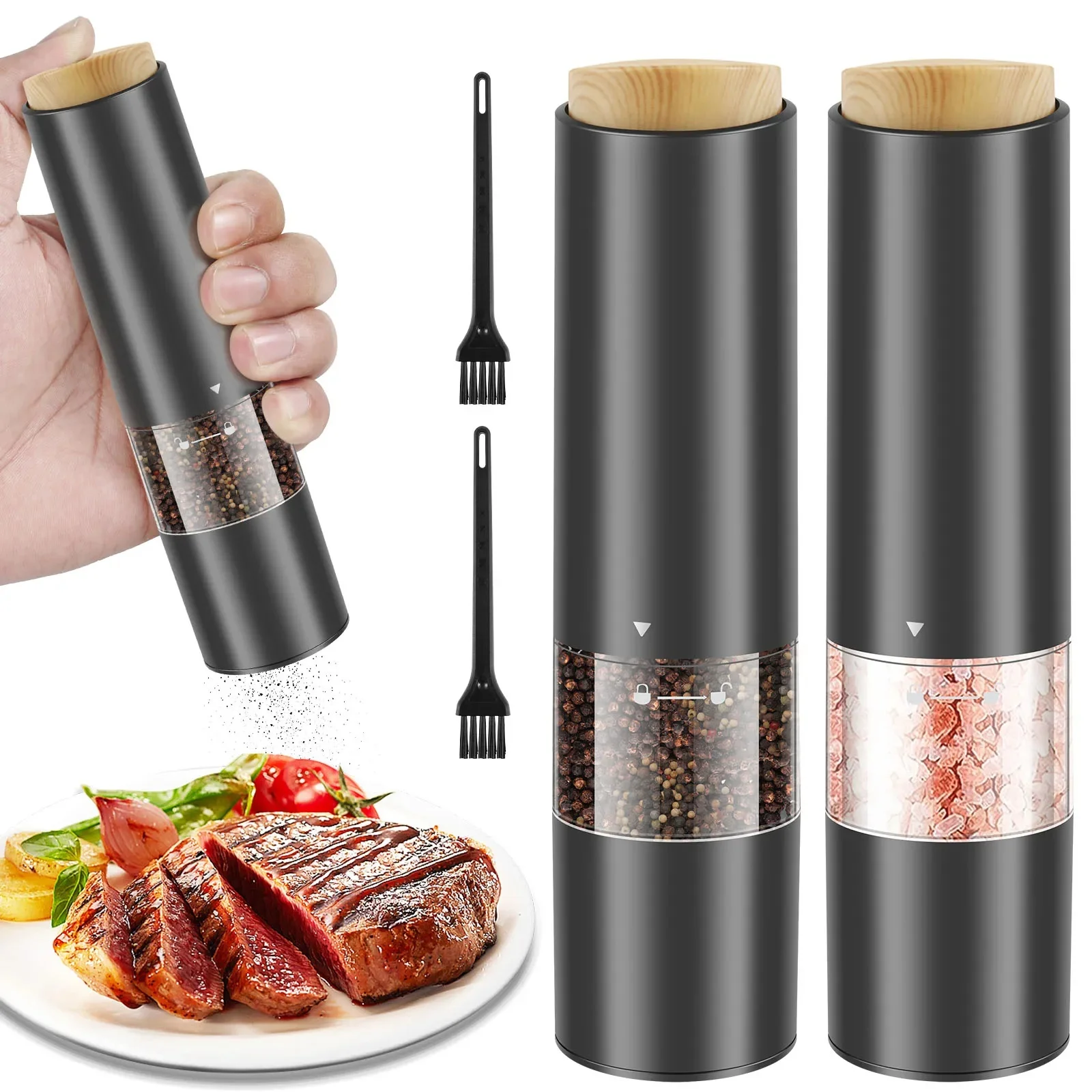 Electric Salt Pepper Grinder with Wood Lid Ceramic Burr Mill Adjustable Kitchen Grinding Gadgets for Herb/Pepper/Spice Black