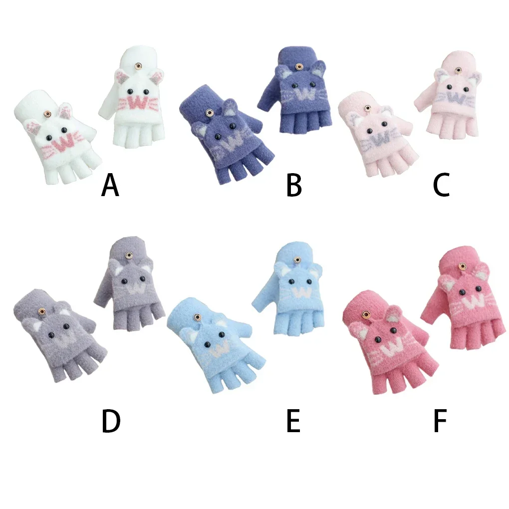 Knitted Gloves Cute Kids Gloves Winter Warm Faux Fur Knit Boy Girl Cartoon Half Finger Flip Cover Outdoor 5-12years