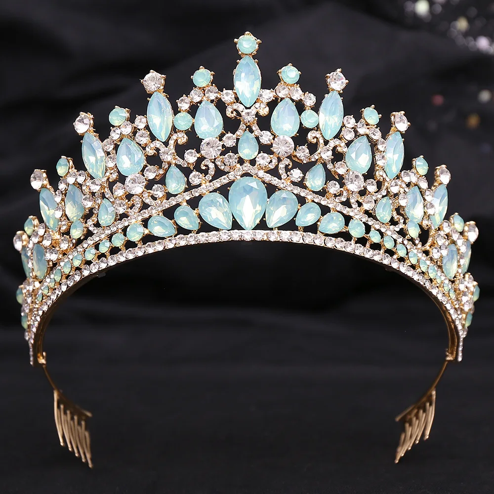Bridal Headwear Baroque Blue Green Opal Wedding Crown With Comb Crystal Royal Queen Bridal Tiaras Big Rhinestone Pageant Diadem Head Accessories jewelry set hair accessory hair headdress