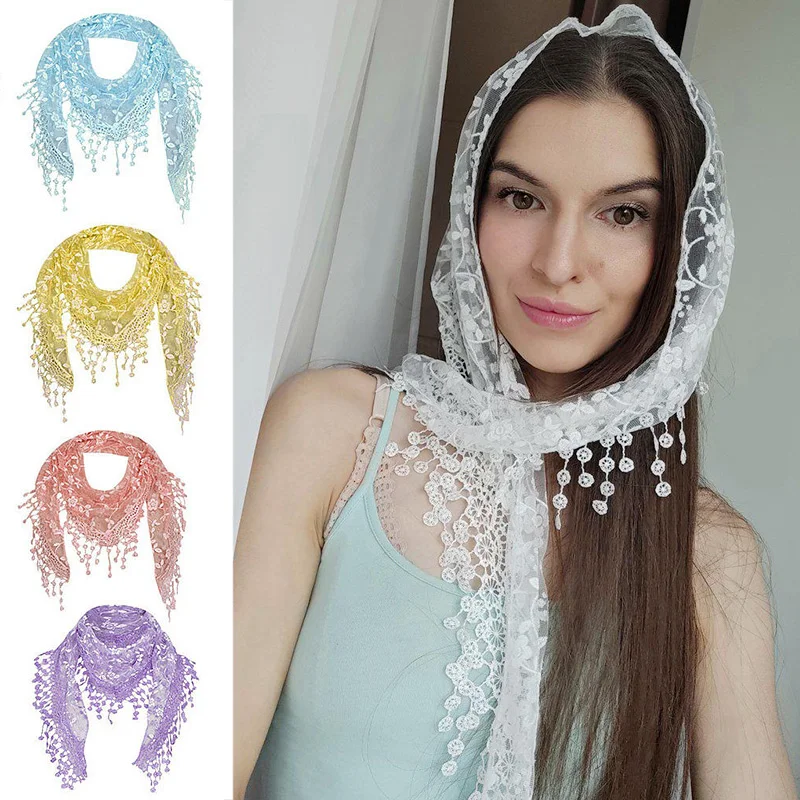 

New Fashion Women Tassel Triangle Scarf Flower Embroidered Lace Silk Scarves Elegant Ladies Summer Sunscreen Head Wrap Shawls