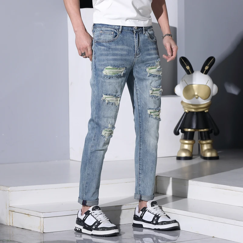Ripped Jeans Men\'s Summer Thin Elastic Soft Comfortable Breathable Street Fashion Slim Fit Skinny Blue Casual Pants