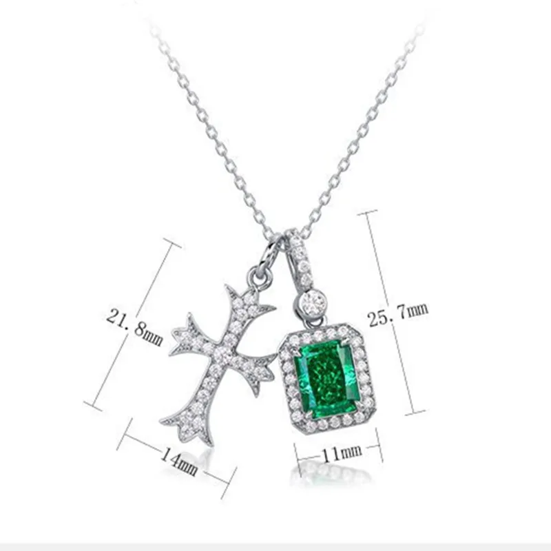 Necklace for Women's Platinum Plated Claw Set with Emerald Crystal Zircon Rectangular Cross Pendant Popular Fashion Jewelry