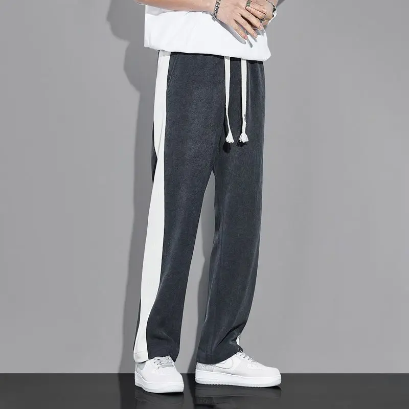 Korean Fashion Summer Quick Drying Loose Straight Pants Men Panelled Elastic Waist Drawstring Pockets Casual Versatile Trousers