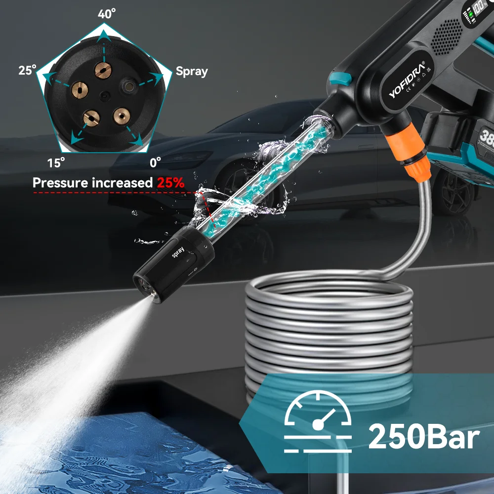 YOFIDRA 250Bar Brushless High Pressure Car Washer Gun 3 Gear Electric Garden Washing Water Wash Spray Gun for Makita 18V Battery 3