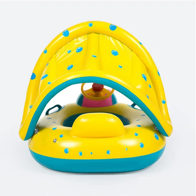 1pc Yellow Sunshade Seat Ring With Steering Wheel Swimming Pool Inflatable Floating Baby Seat 4