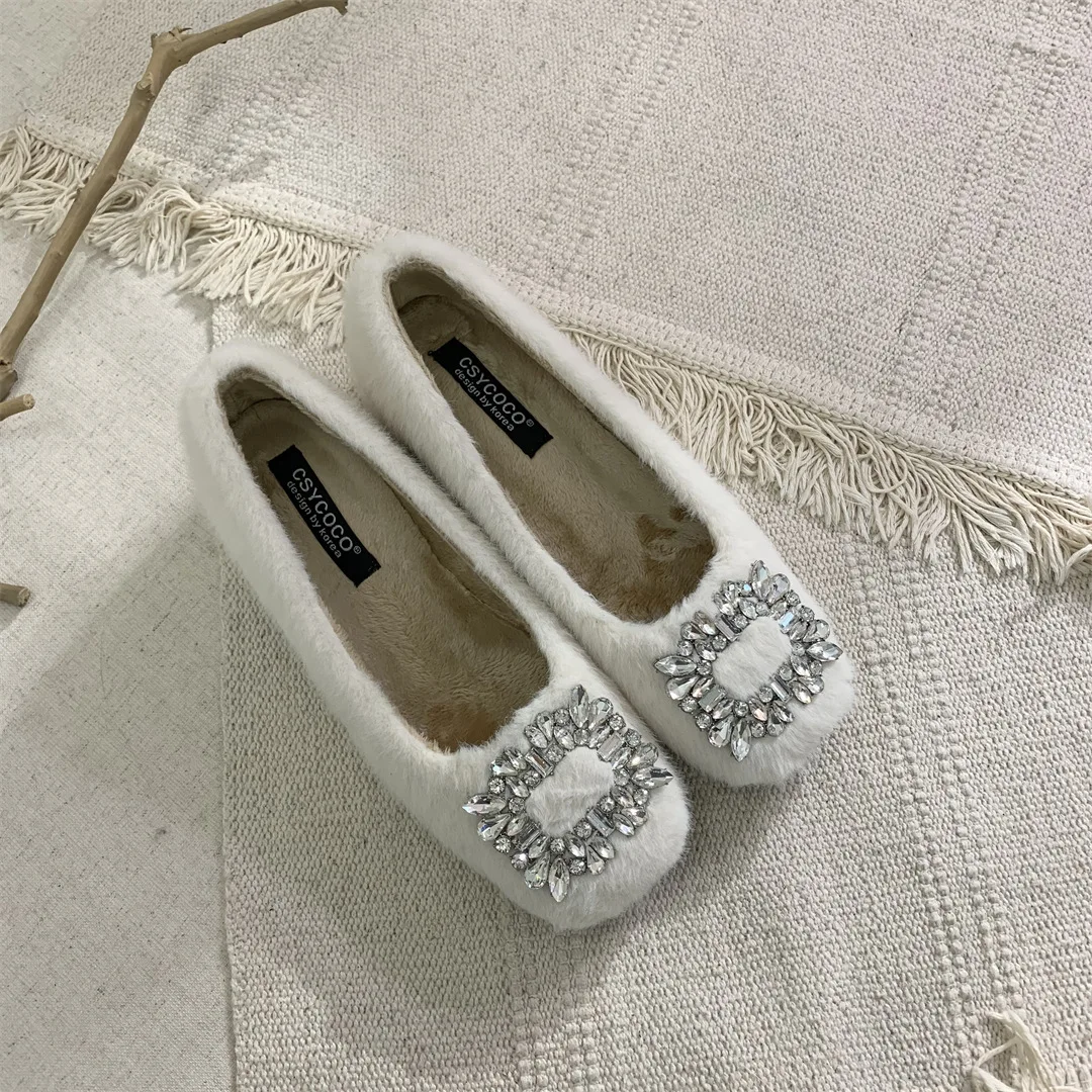 

Crystal Winter Shoes Women Clogs Platform Modis Autumn Loafers Fur Female Footwear Casual Sneaker Slip-on Square Toe Black Flats