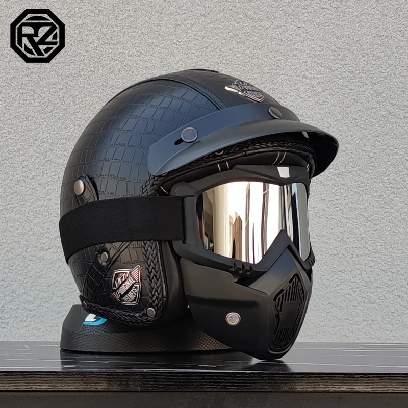 ORZ New PU Leather 3/4 Retro Cruising Motorcycle Helmet Summer Scooter Half Helmet with Mask Windshield DOT Approval