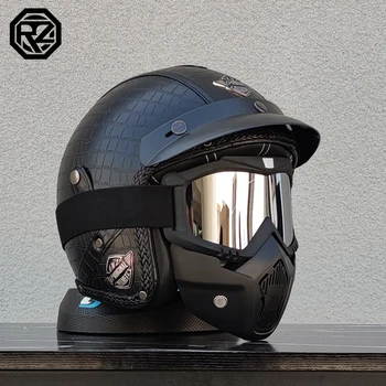 ORZ New PU Leather 3/4 Retro Cruising Motorcycle Helmet Summer Scooter Half Helmet with Mask Windshield DOT Approval