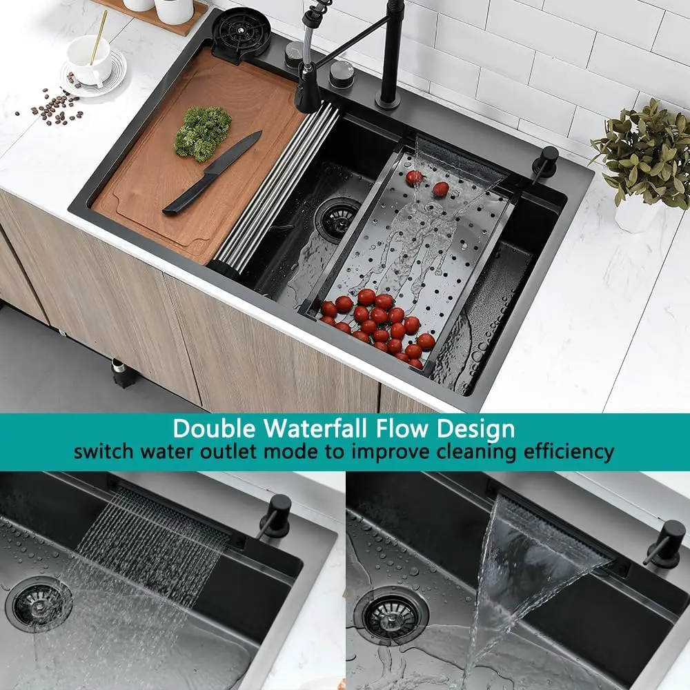33 Drop In Kitchen Sink with Faucet Combo, 33x22 Inch Drop In Waterfall Kitchen Sink Workstation 16 Gauge S