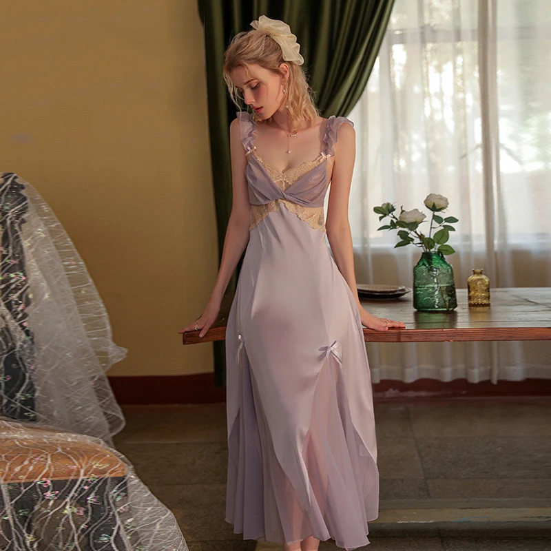 IRENE TINNIE New Women Sexy Sleepwear V-Neck Lace Female Nightdress Purple Homewear Nightgown Long Pajama Bifurcation Nightwear