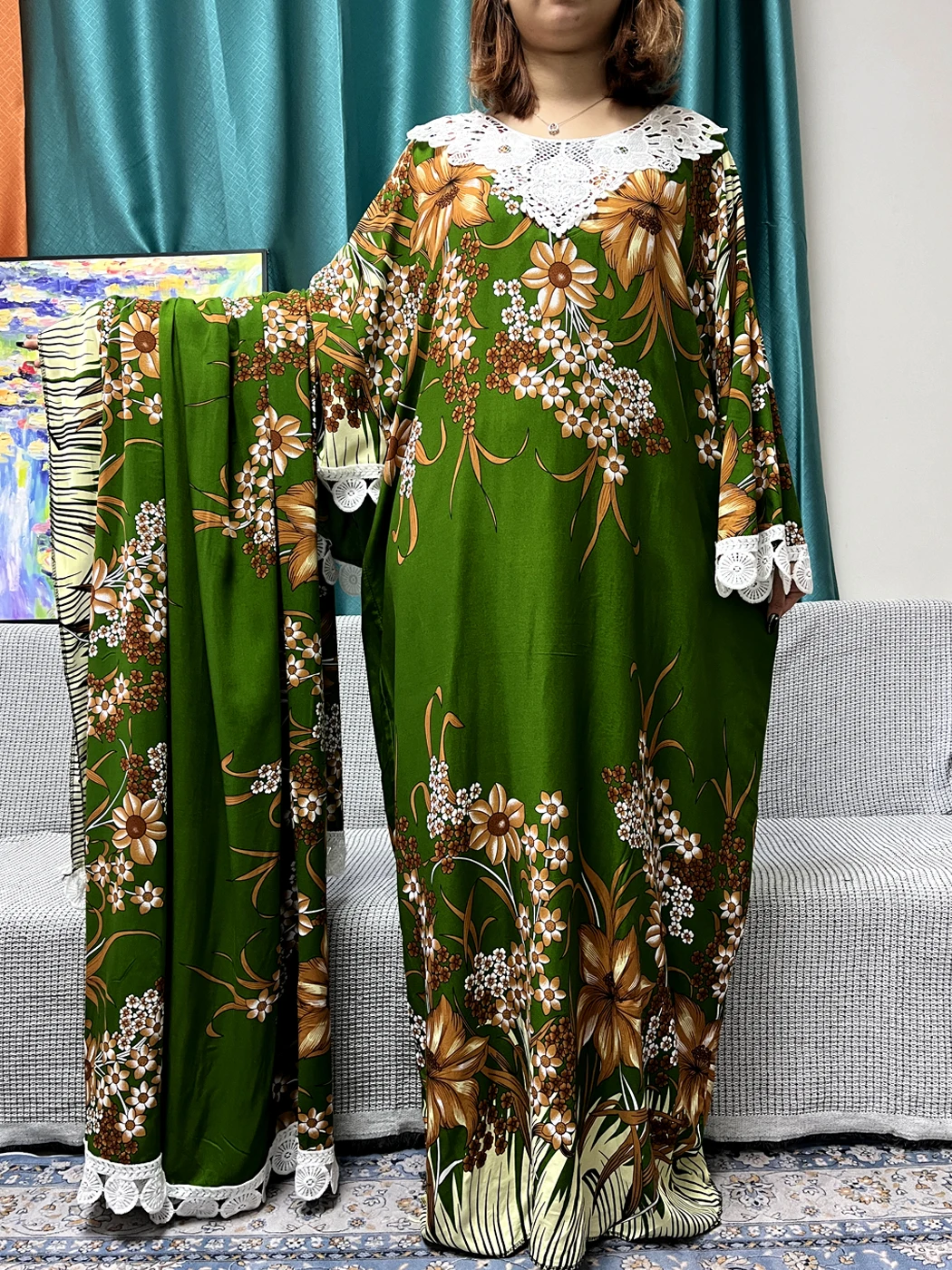 Muslim Abayas For Women 2024 Floral Cotton Lace Appliques Loose Femme Robe African Traditional Dresses With Big Shawl Scarf