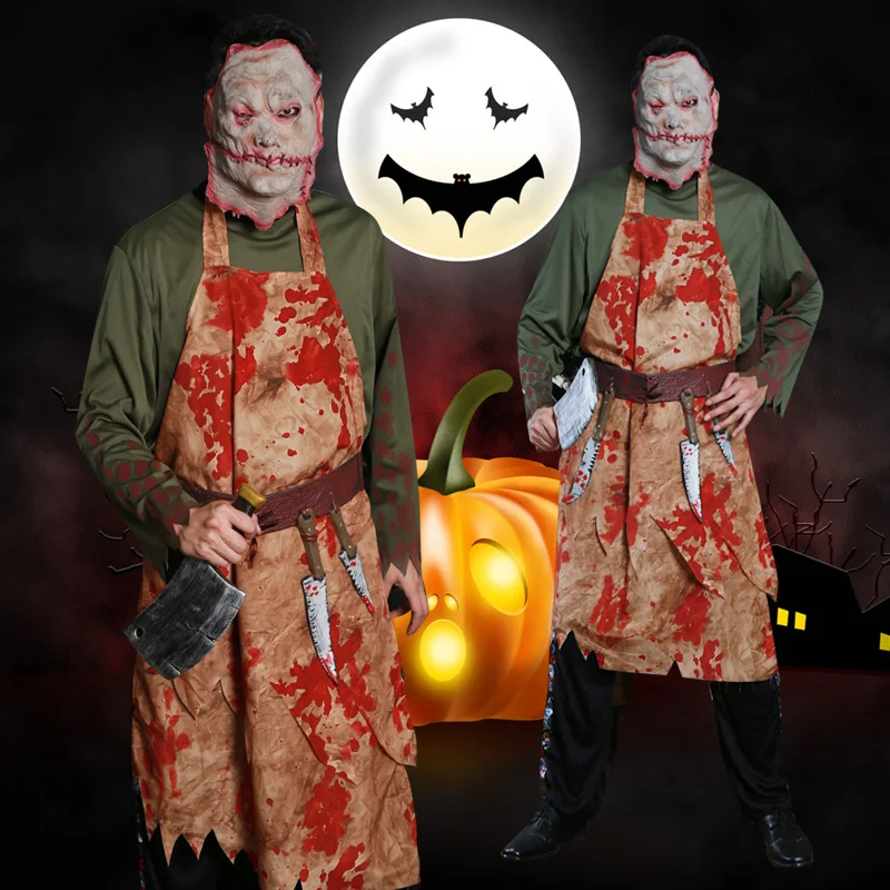 

Halloween Bar Party with Butcher Cook Dressed In Bloody Adult Reaper Costumes
