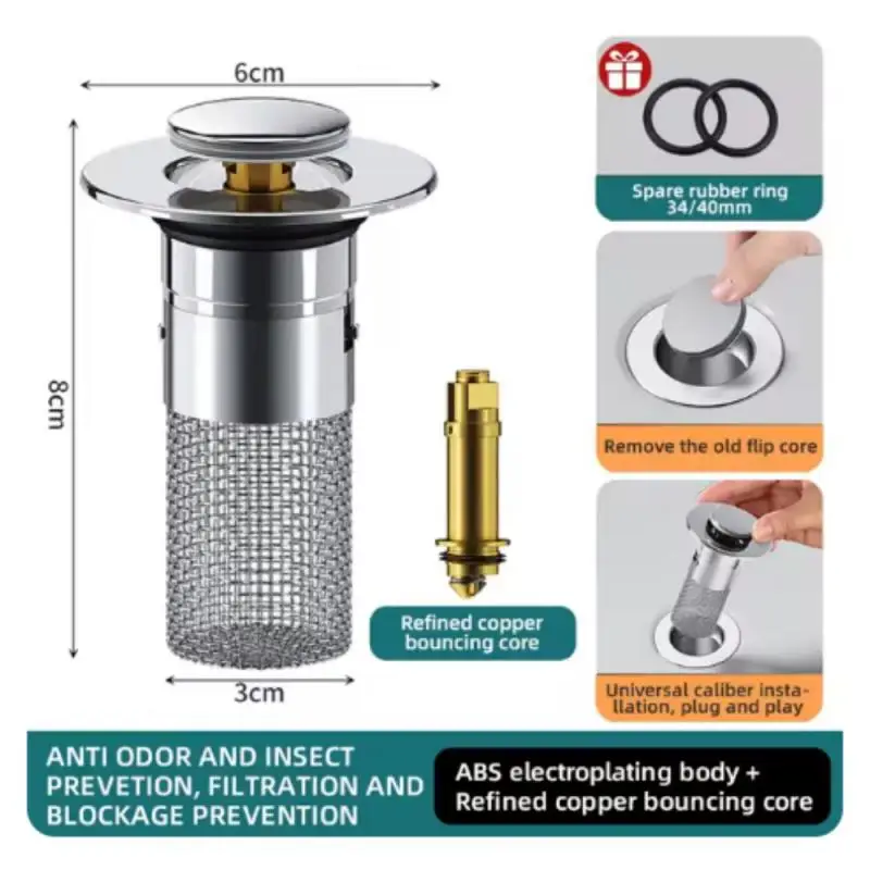 Stainless Steel Floor Drain Filter Washbasin Plug Anti Odor Pop-Up Bounce Core Basin Stopper Hair Catcher Shower Sink Strainer