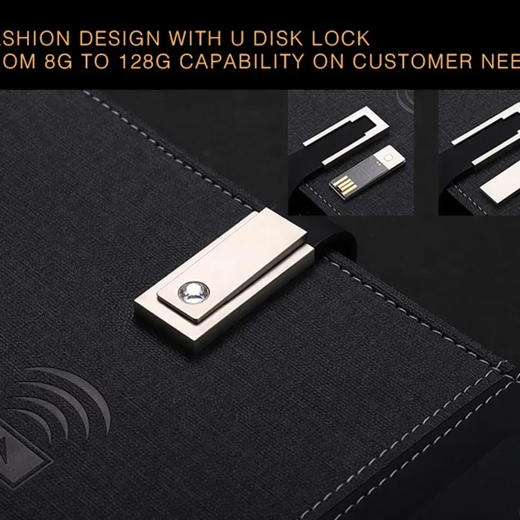 A5 맞춤형 브랜드 PU 가죽 노트북, 보조배터리 무선 충전 USB 드라이버 포함