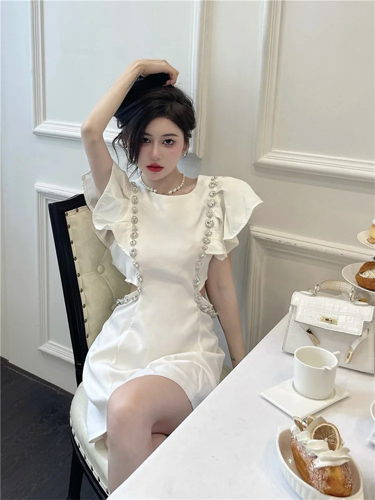 

Элегантное Белое Женское платье с бриллиантами, модные женские черные платья с вырезом на талии, сексуальные мини платья для женщин