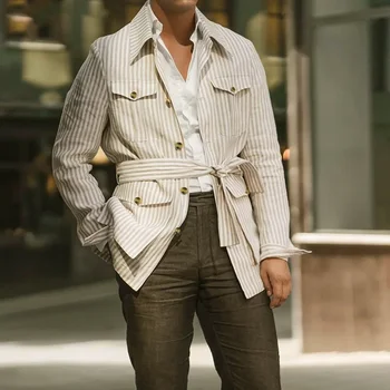 2024 Cappotti da uomo nuovi per l'autunno inverno Abbigliamento da uomo europeo e americano Camicia a maniche lunghe Hawaii Cargo a righe taglie forti S-5XL 1