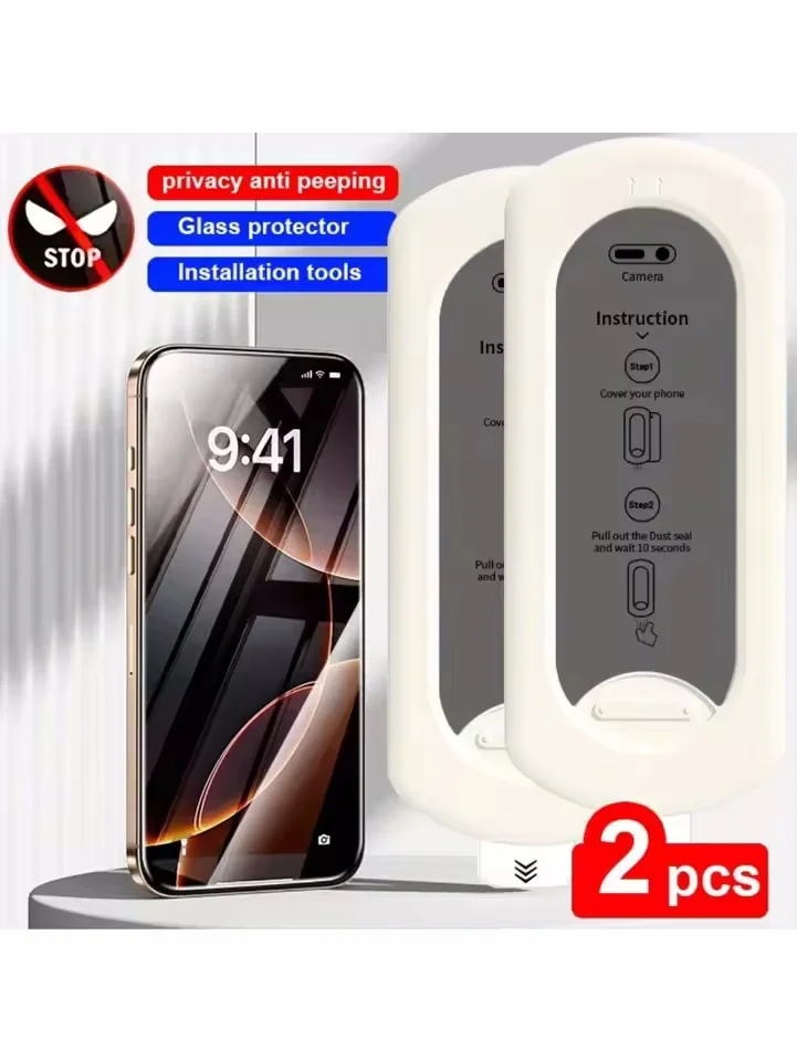 Proteggi schermo anti-peeping da 2 pezzi per iPhone 16 13 12 14 15 ProMax 14Plus Vetro temperato senza polvere con copertura di montaggio per allineamento