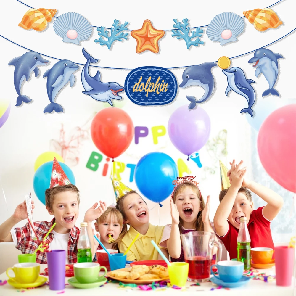 

Мультяшный Дельфин на день рождения, Фотофон для детской вечеринки, флажки, гирлянды, баннеры, подвесные флаги
