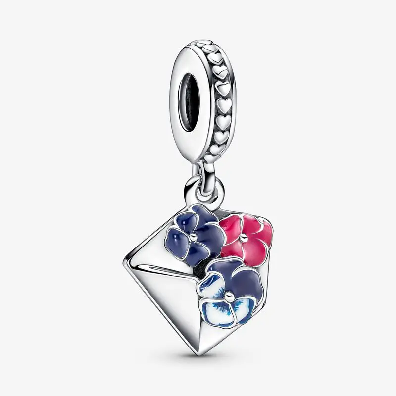 

925 Sterling Silver Pansy Flower Envelope Dangle Charm Beads Fits Original Pandora Bracelets Necklace Bangle 2022 New Spring