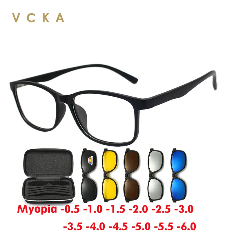 

Мужские и женские очки для близорукости VCKA, квадратные солнцезащитные очки 6 в 1 с магнитным зажимом, оптические поляризационные оправы для очков по рецепту,-0,5 ~ -10