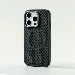 Honeycomb Mesh Cooling MagSafe Phone Case with Alloy Lens Bracket and Wireless Charging Capability - iPhone 14 Plus 15 Plus (Black)
