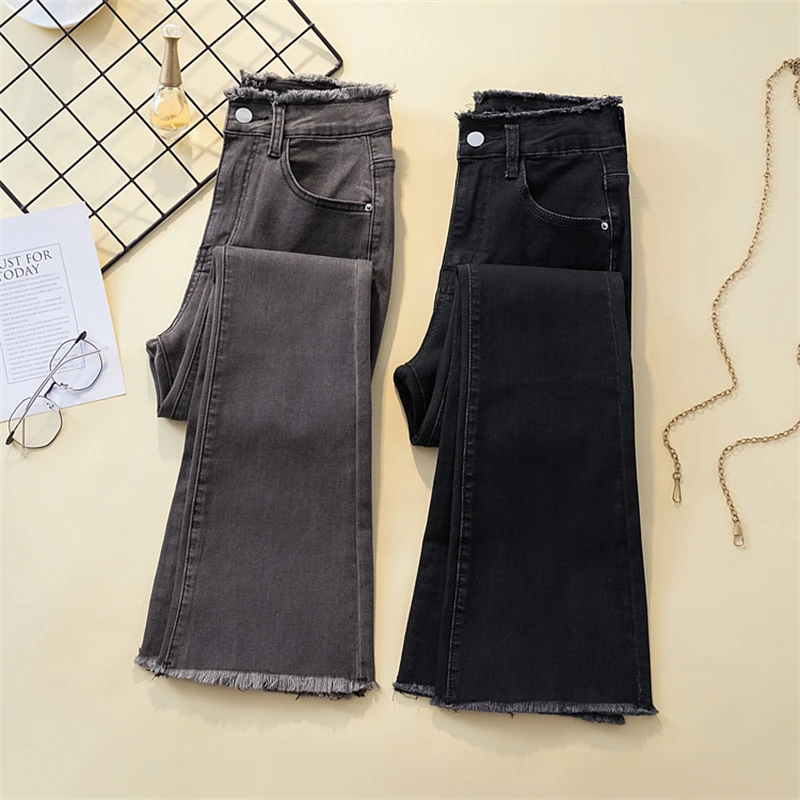 

Spring Fashion Women's Black Slim Fit Flare Jeans Office Lady Empire Waist Denim Pants Office Lady Vintage Ankle Length Trousers