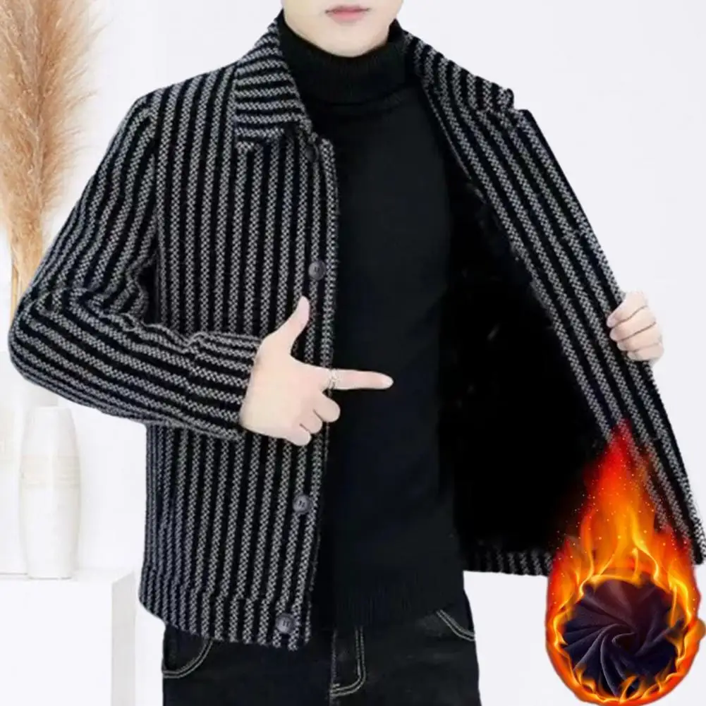 

Versatile Men Fashion Coat Striped Single-breasted Men's Cardigan Coat Thick Warm Mid Length Business Style Jacket for Casual