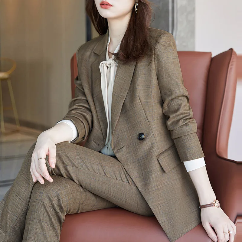 Клетчатый деловой костюм, женский осенне-зимний простой дизайн, прямые брюки, костюм из двух предметов, Молодежный Модный маленький костюм