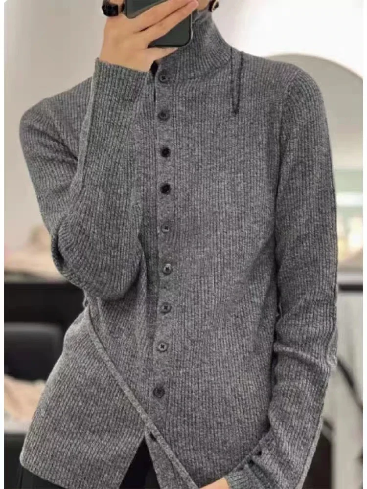 

Europe Station Pure Cashmere Cardigan Women's Turtleneck Autumn and Winter New Temperament with Lazy Gray Sweater Coat Sweater