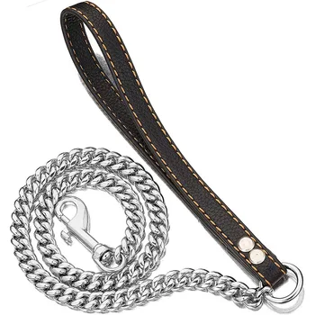 120cm Heavy Duty Anti-bite Dog Giant Chain Leash with Leather Handle Chain Dog Leash Durable Metal Chew Proof Dog Training Leash 1