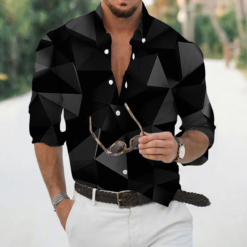 High Quality Fashion Men Geometric Digital Printing Men Long Sleeve Lapel Shirts Prom Party Cardigan Tops