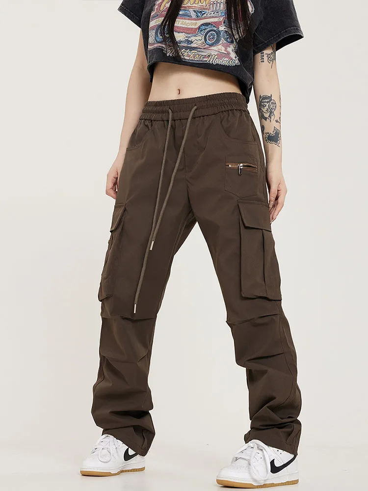 

Chic Y2k High Waist Black Brown Sweatpants Joggers American Retro Streetwear Pocket Cargo Wide leg Pants Women Trousers Elastic
